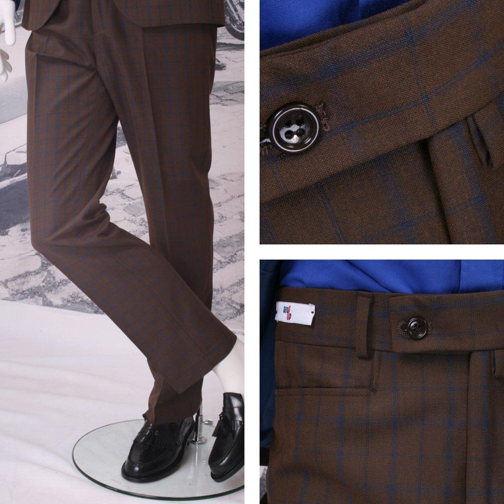 Get Up Mod Retro Frogmouth Pocket Slim Fit Window Check Trousers Brown | Adaptor Clothing
